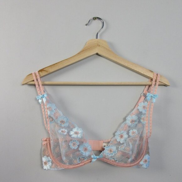 For Love & Lemons Aurora Underwire Bra XS Pink Blue Floral Applique Designer 38 - Picture 1 of 12